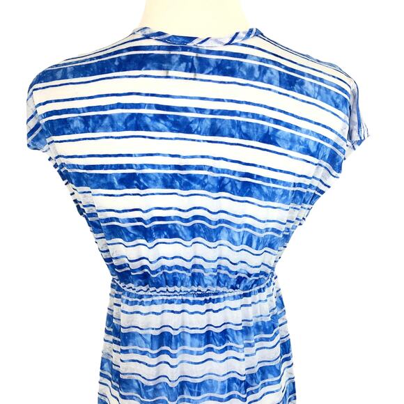 Dream Beach Sheer Maxi Dress Swimsuit Cover Low V Neck Size Medium Blue Vintage - Picture 10 of 11